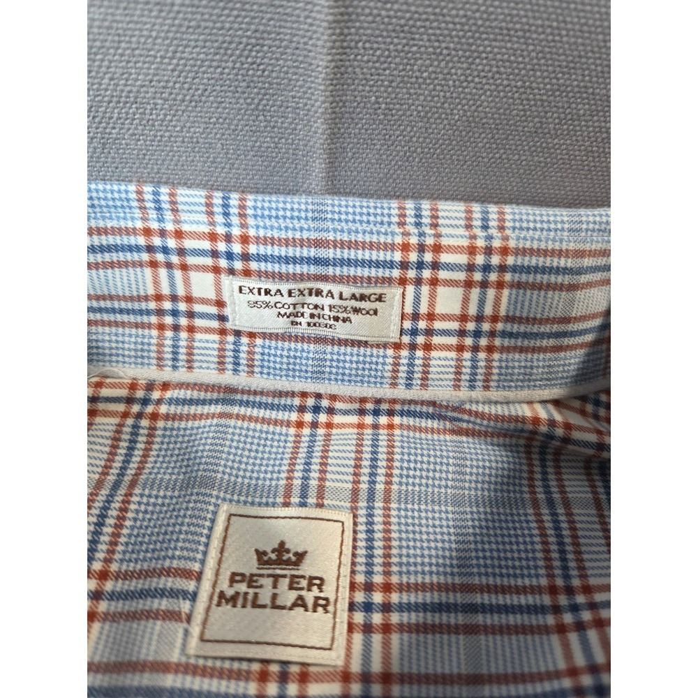 Peter Millar Shirt Mens 2 Extra Large Blue Plaid Golf Office Dress Wool Blend - Picture 2 of 8